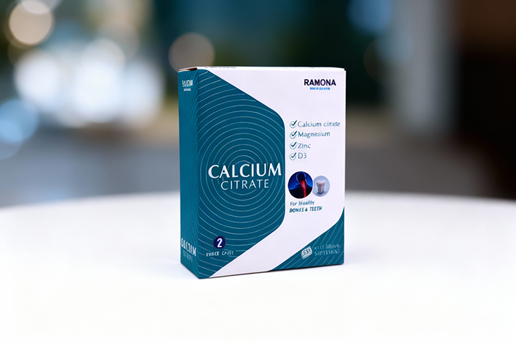 قرص کلسیم سیترات رامونا روی سطح سفید برای سلامت استخوان